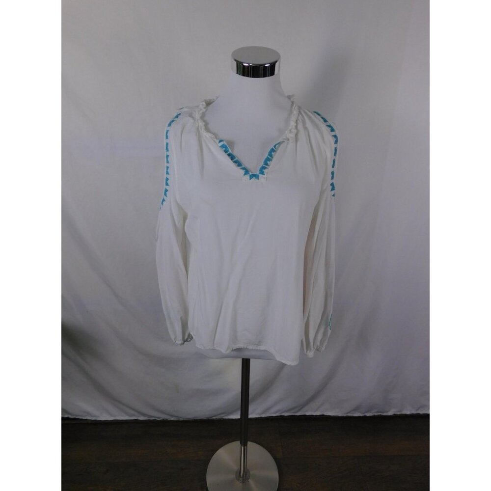 Solitaire Shirt Womens Medium White Boho Embroidered Floral Long Sleeve Peasant